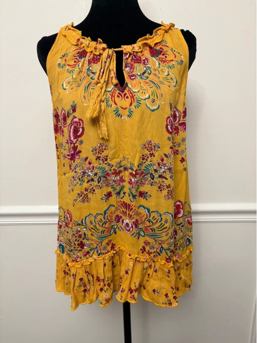 Bila Mustard Floral Babydoll Tunic Dress | Women’s Small | Boho Cottagecore